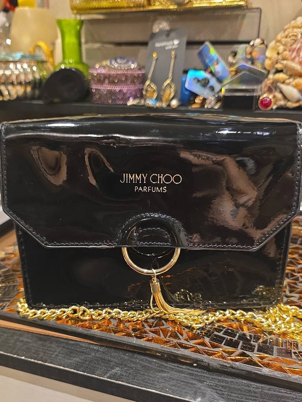 Jimmy Choo Black Patent Leather Crossbody with Gold Ring Tassel